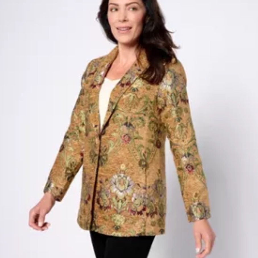 Susan Graver Brocade Floral Jacquard Blazer Jacket Gold Red Green Women Us 28wp